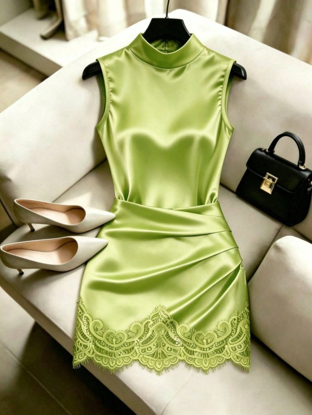Lime Green Elegant Women's High Collar Pleated Waist Asymmetric Lace Trim Dress